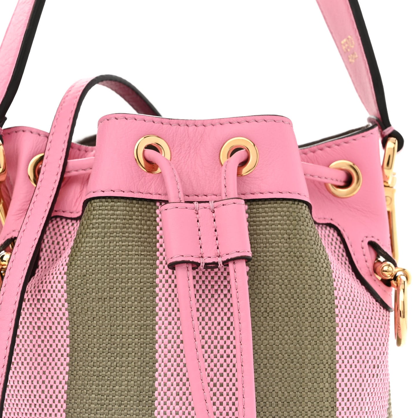 Raffia Vitello Seta F is Fendi Pequin Gingham Woven Mini Mon Tresor Bucket Bag Military Rosa Lollypop