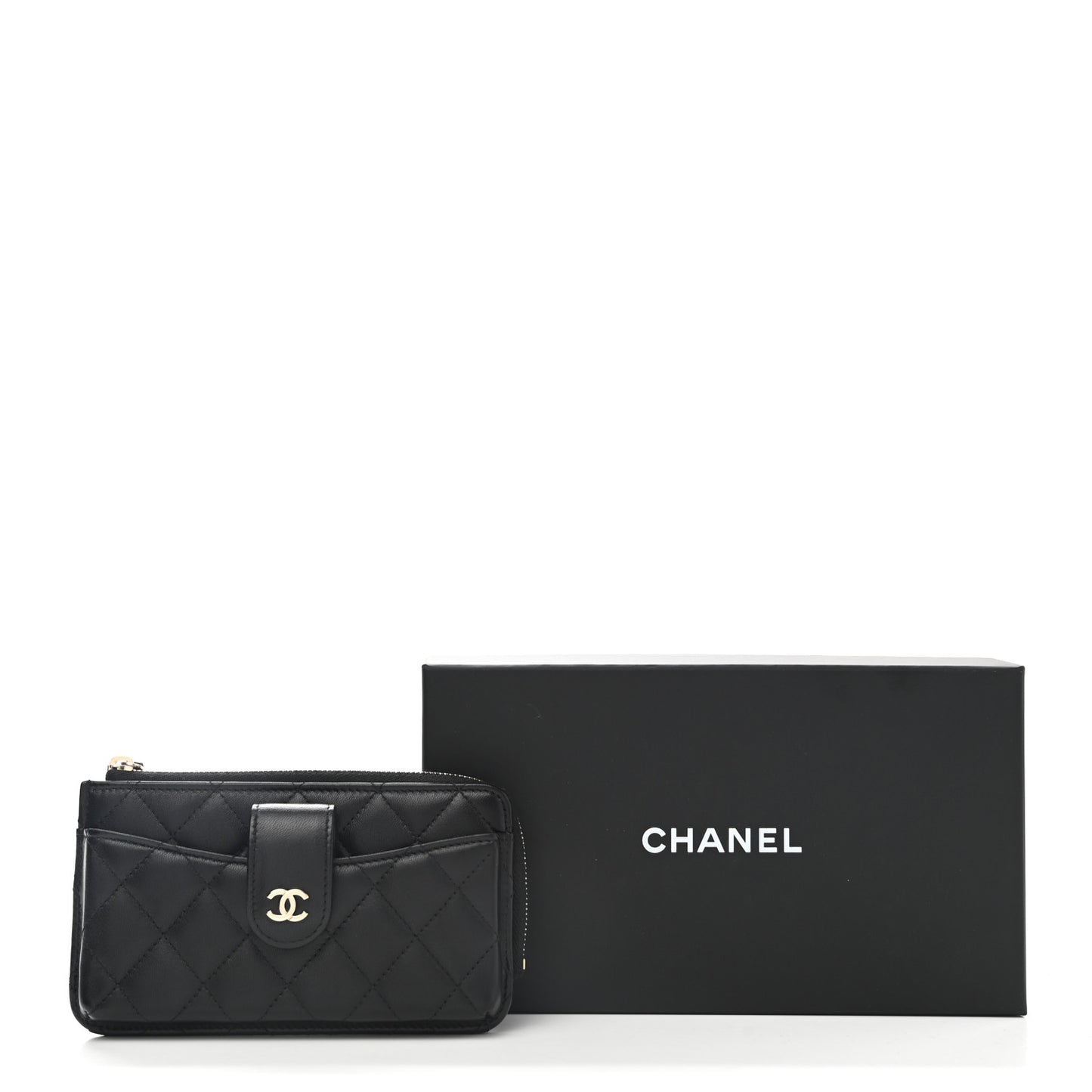 Lambskin Quilted Phone Holder Zip Clutch Black