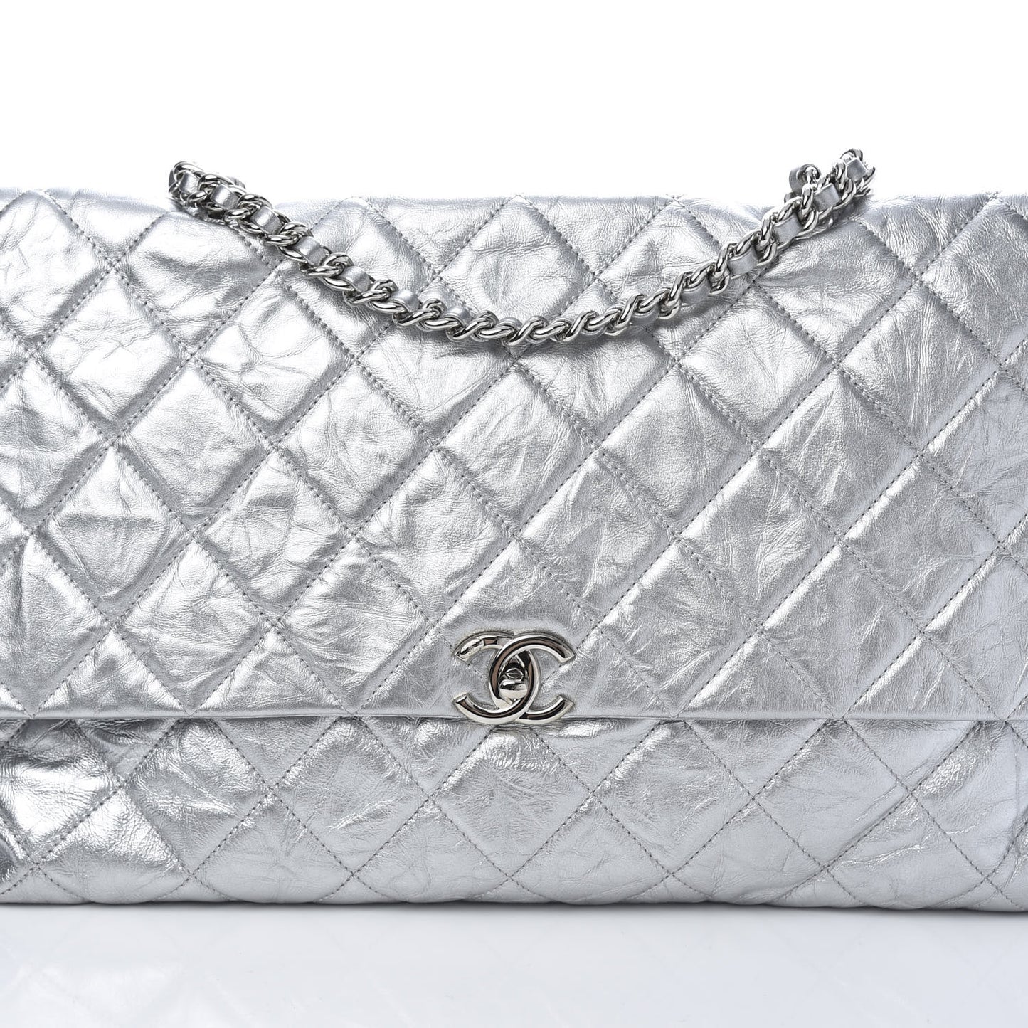Metallic Crumpled Calfskin Big Bang Large Flap Bag Silver
