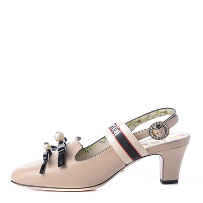 Gucci Malaga Kid Bow Ace Stripe Mid Heel Slingback Pumps 37 Beige 1 of 10