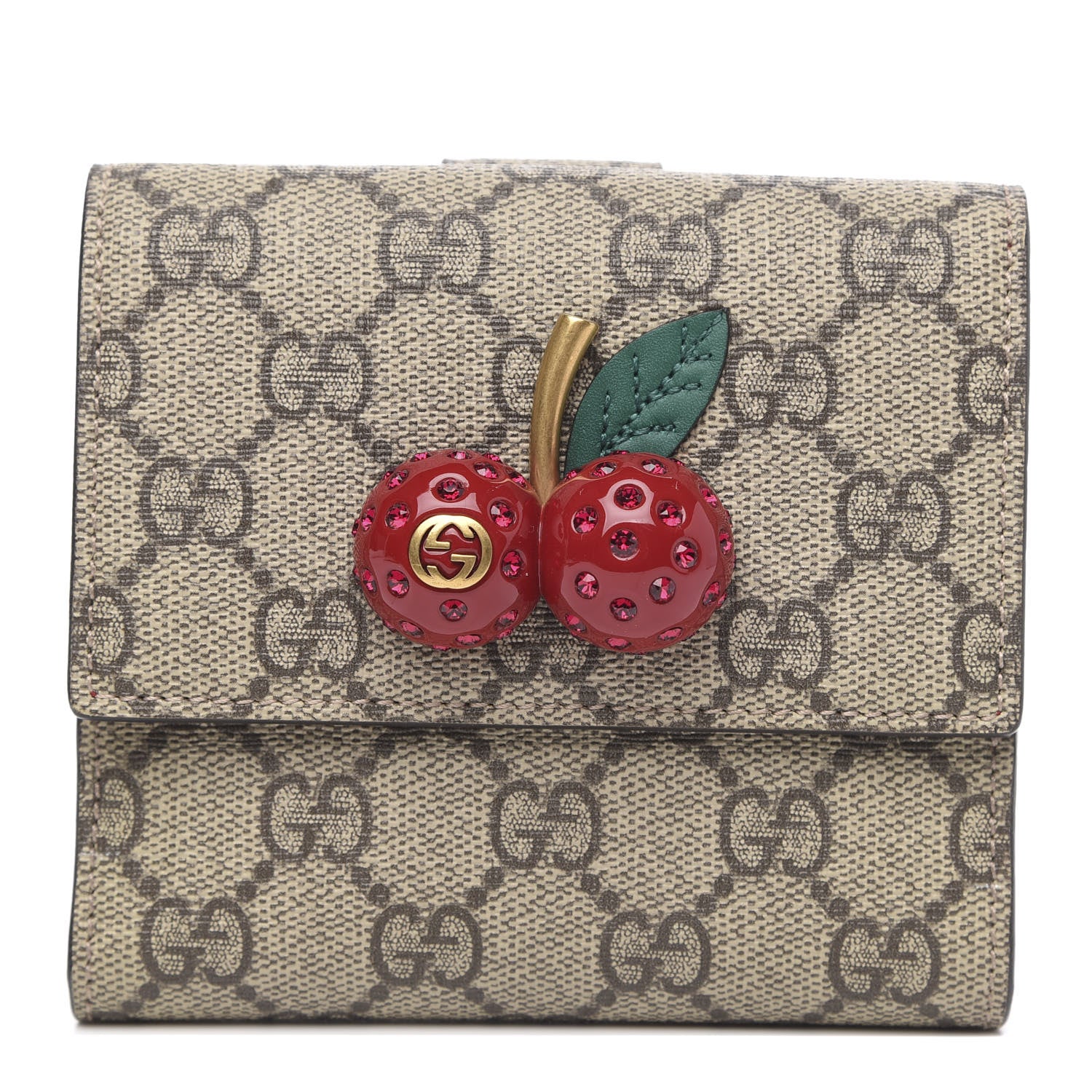 Gucci GG Supreme Monogram Cherry Embellished Card Case Wallet Hibiscus Red 1 of 7