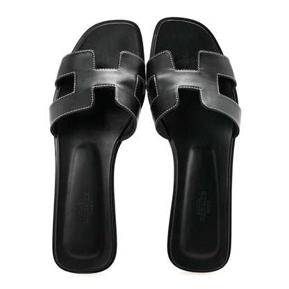 Hermes Box Calfskin Oran Sandals 39.5 Black 2 of 10