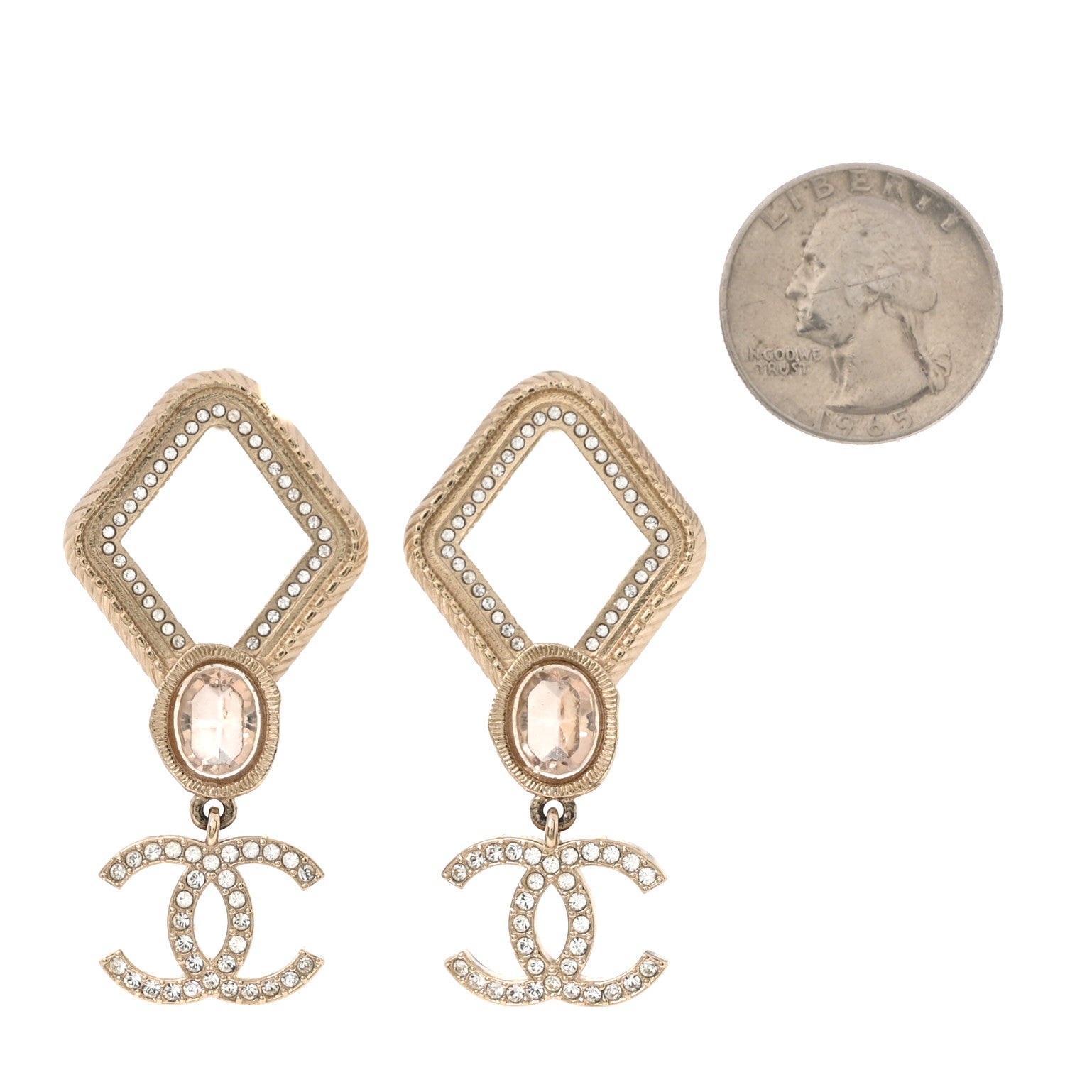 Chanel Crystal CC Drop Earrings Gold Pink 2 of 5