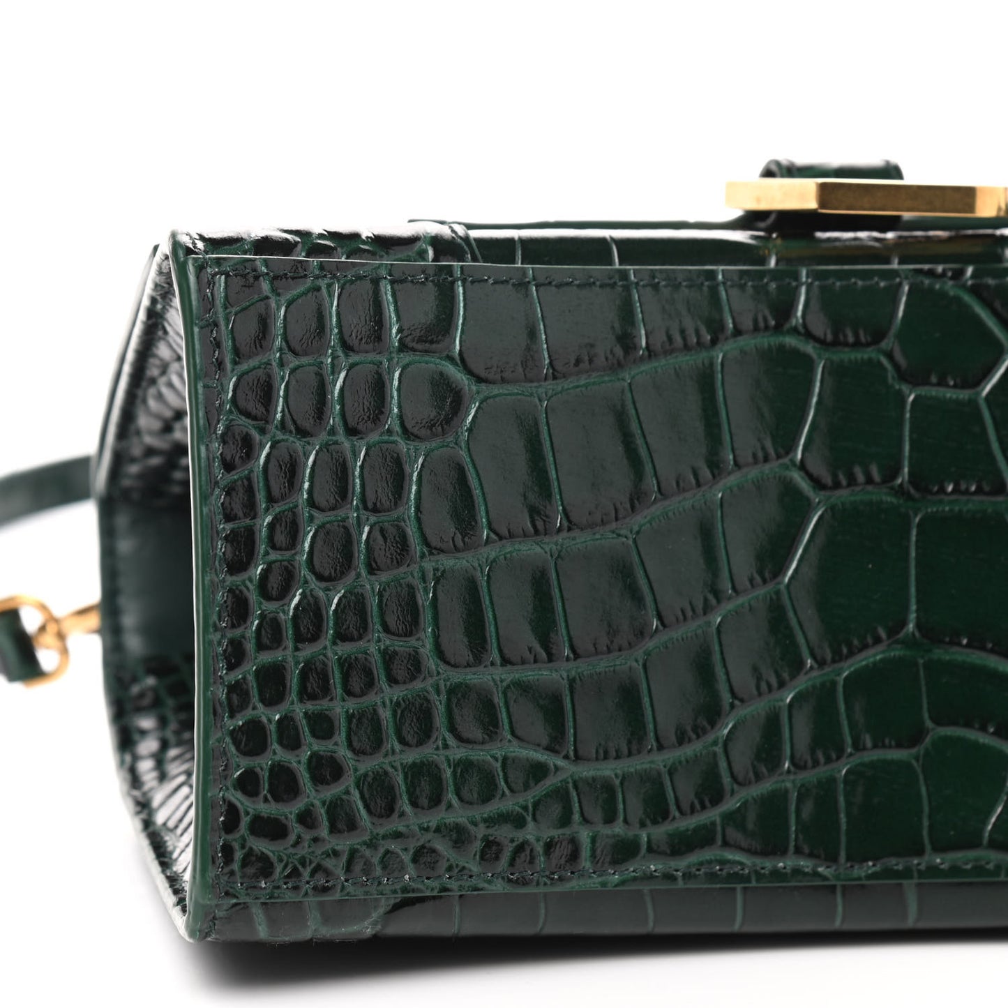 Shiny Calfskin Crocodile Embossed Small Hourglass Top Handle Bag Forest Green