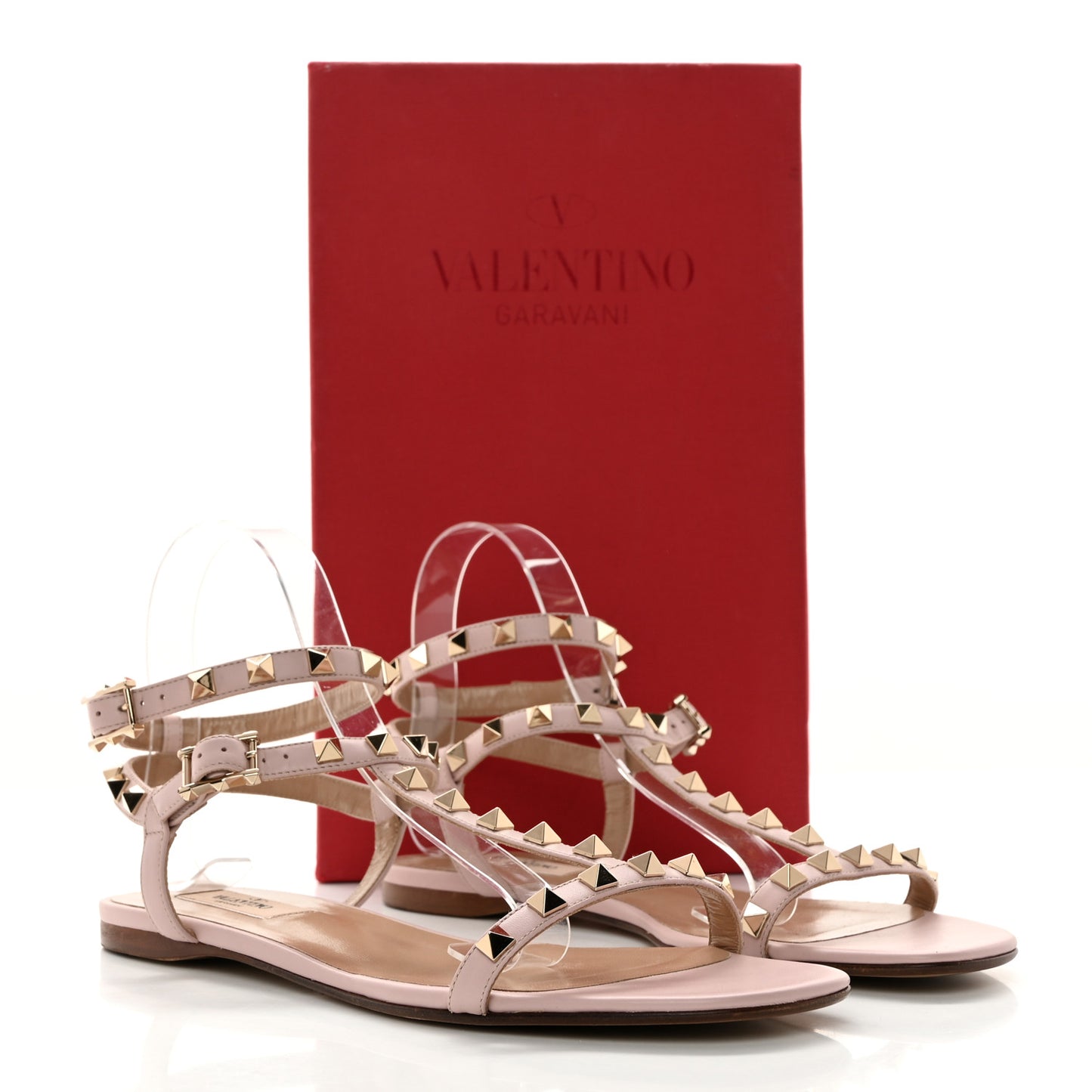 Calfskin Rockstud Ankle T-Strap Flat Sandals 39.5 Water Rose