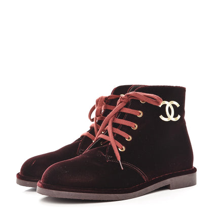 Chanel Velvet CC Lace Up Boots 36 Burgundy 2 of 8