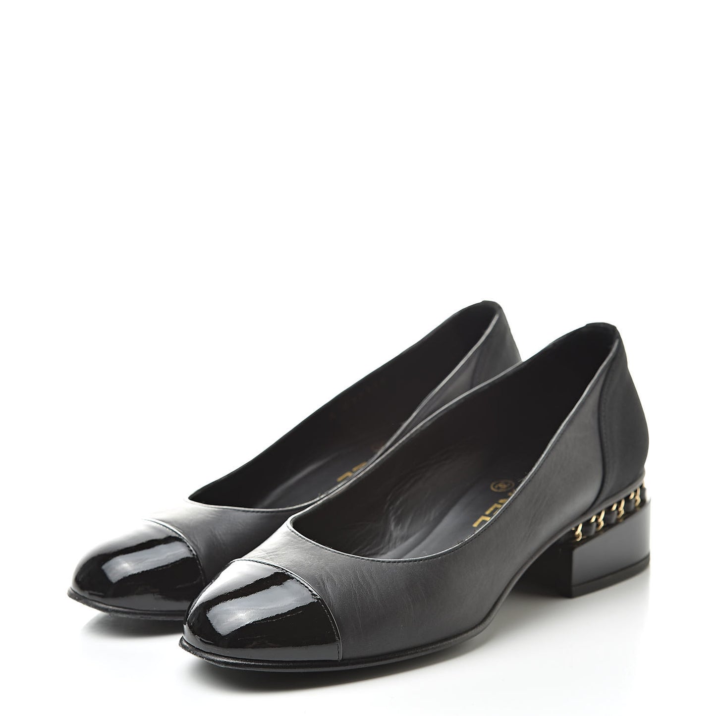 Lambskin Patent Cap Toe Low Heel Chain Pumps 36 Black