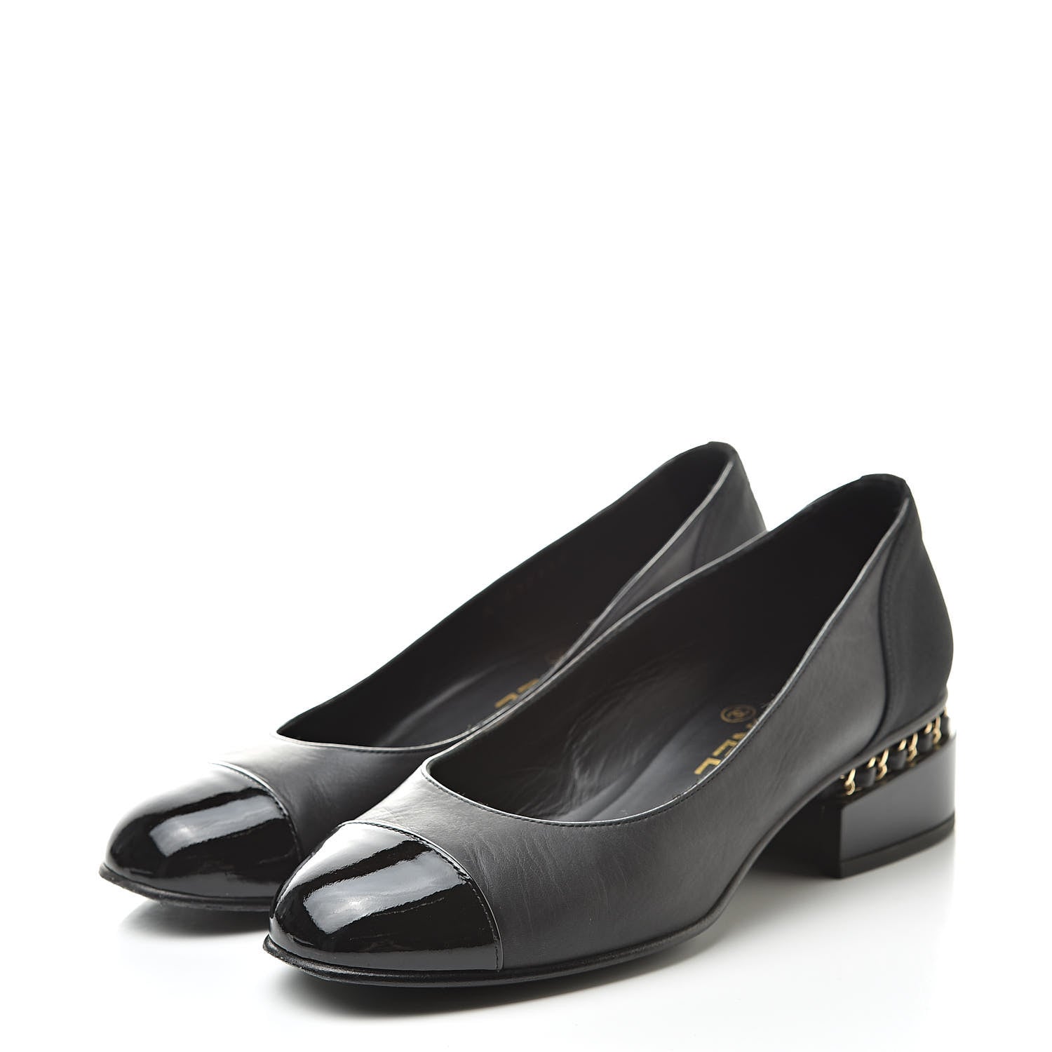 Chanel Lambskin Patent Cap Toe Low Heel Chain Pumps 36 Black 3 of 15