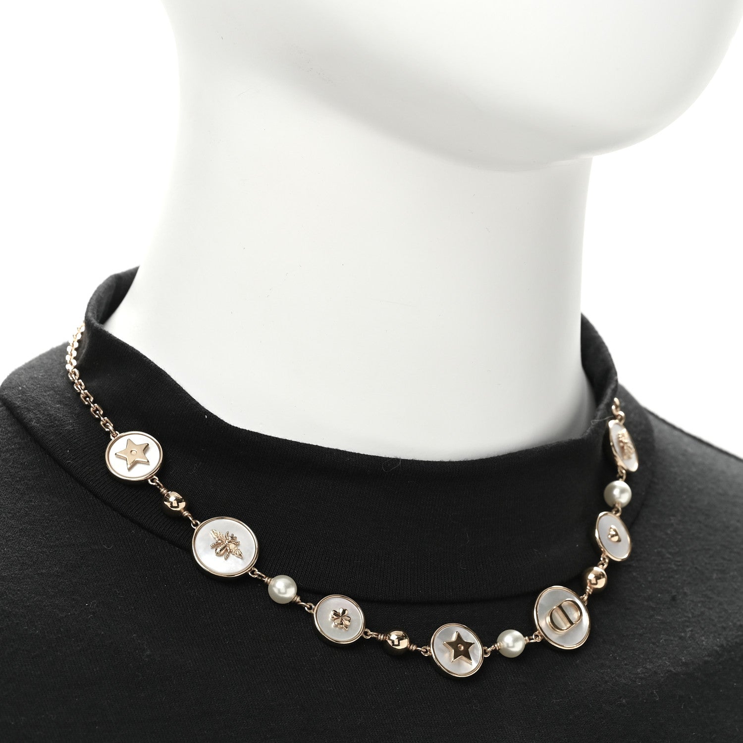 Christian Dior Metal Resin Pearl Mother of Pearl D-Luck Short Necklace Gold 2 of 5