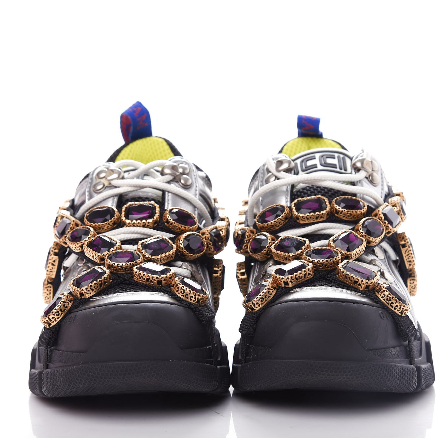 X SEGA Metallic Calfskin Mesh Removable Crystals Womens Flashtrek Sneakers 35.5 Silver Black