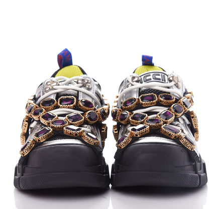 Gucci X SEGA Metallic Calfskin Mesh Removable Crystals Womens Flashtrek Sneakers 35.5 Silver Black 2 of 10