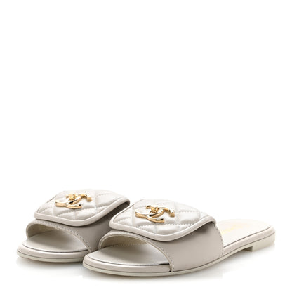 Chanel Lambskin Quilted Turnlock Flat Mules 35.5 Light Grey 4 of 12