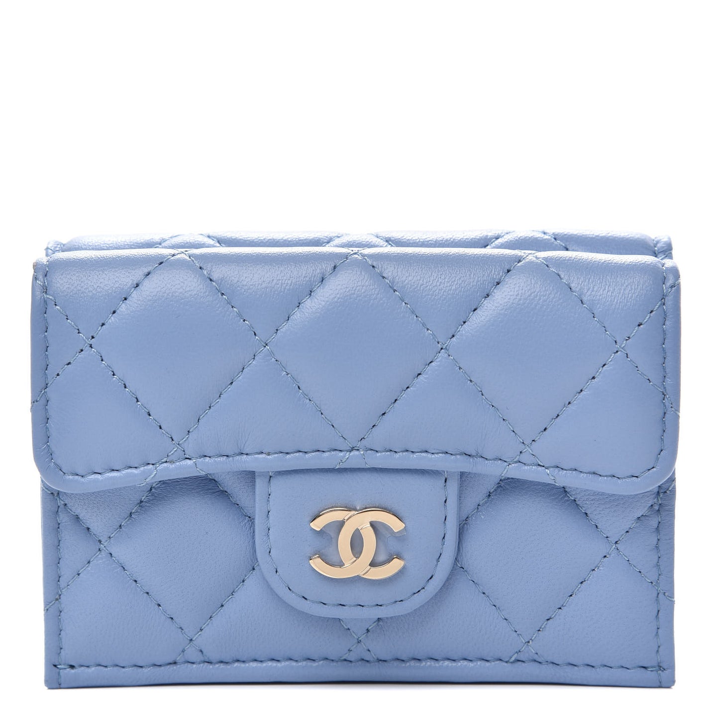 Lambskin Quilted Double Flap Wallet Light Blue