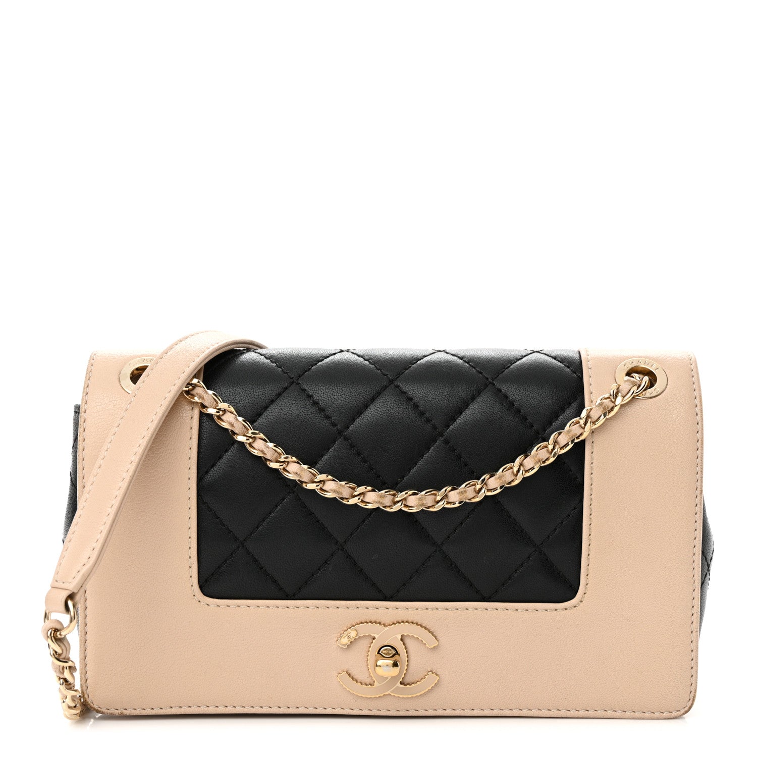 Chanel Sheepskin Quilted Medium Vintage Mademoiselle Flap Beige Black 1 of 14