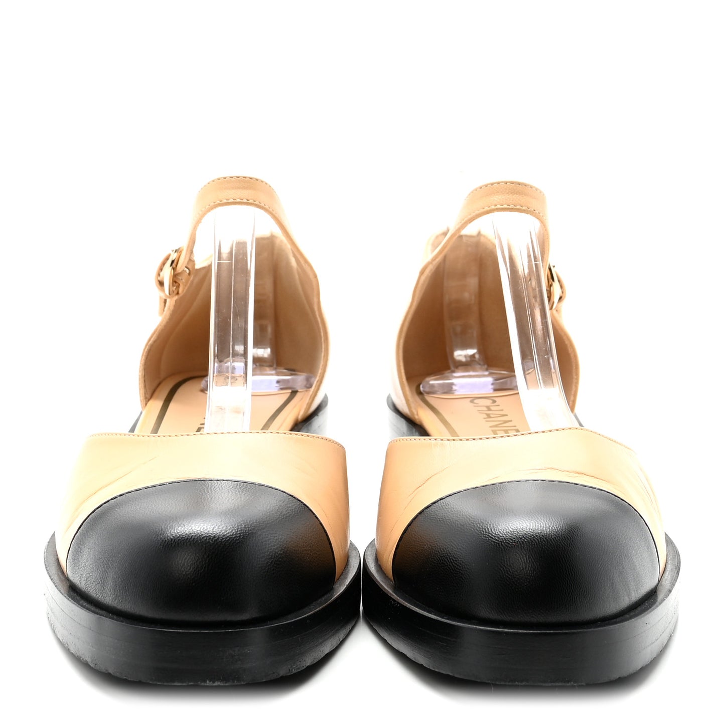 Shiny Goatskin Mary Jane Flats 38.5 Beige Black
