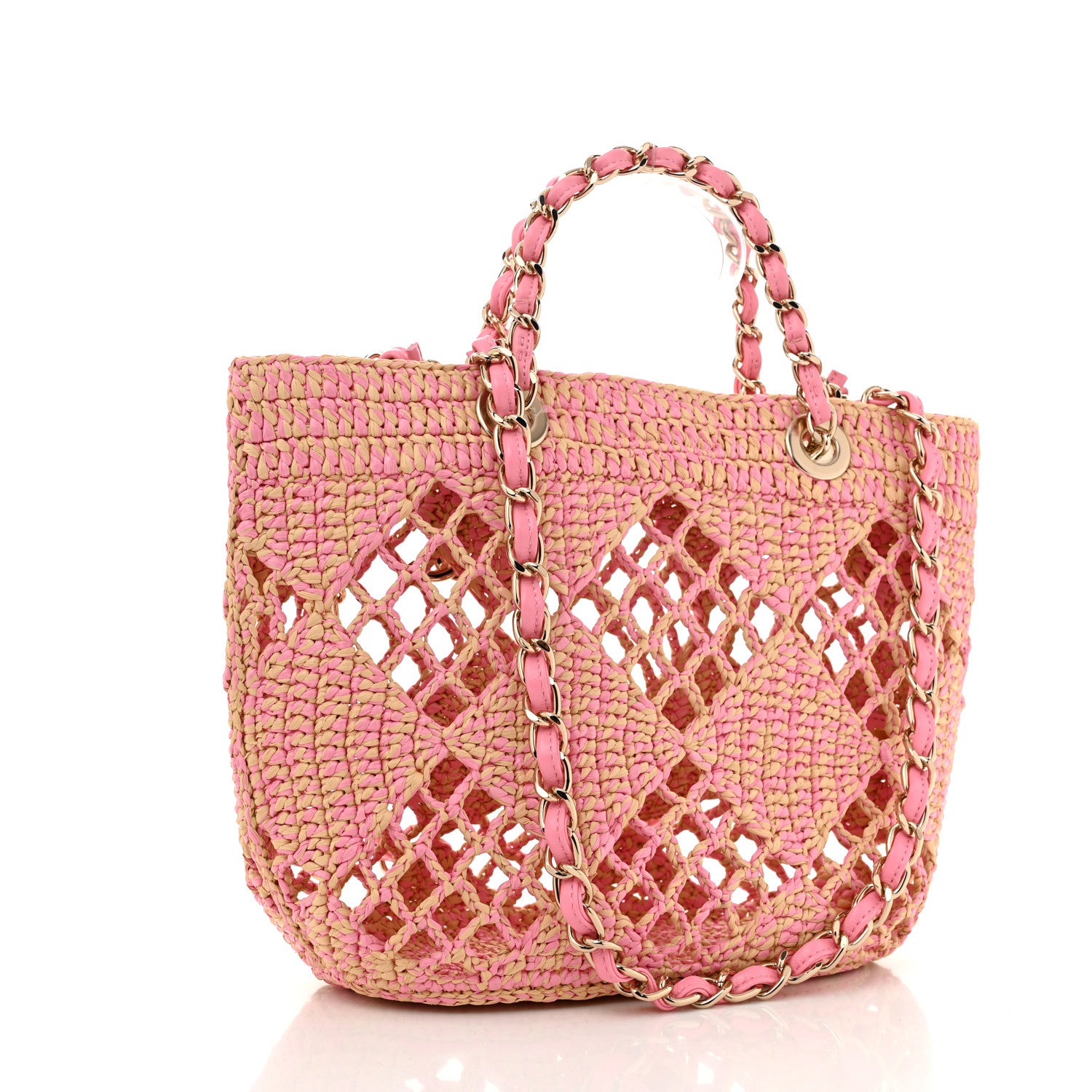 Chanel Raffia Effect Braided Small Shopping Bag Beige Pink 4 of 13