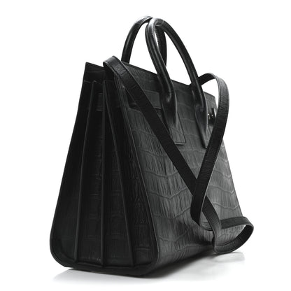 Saint Laurent Calfskin Crocodile Embossed Small Supple Sac de Jour Black 3 of 10