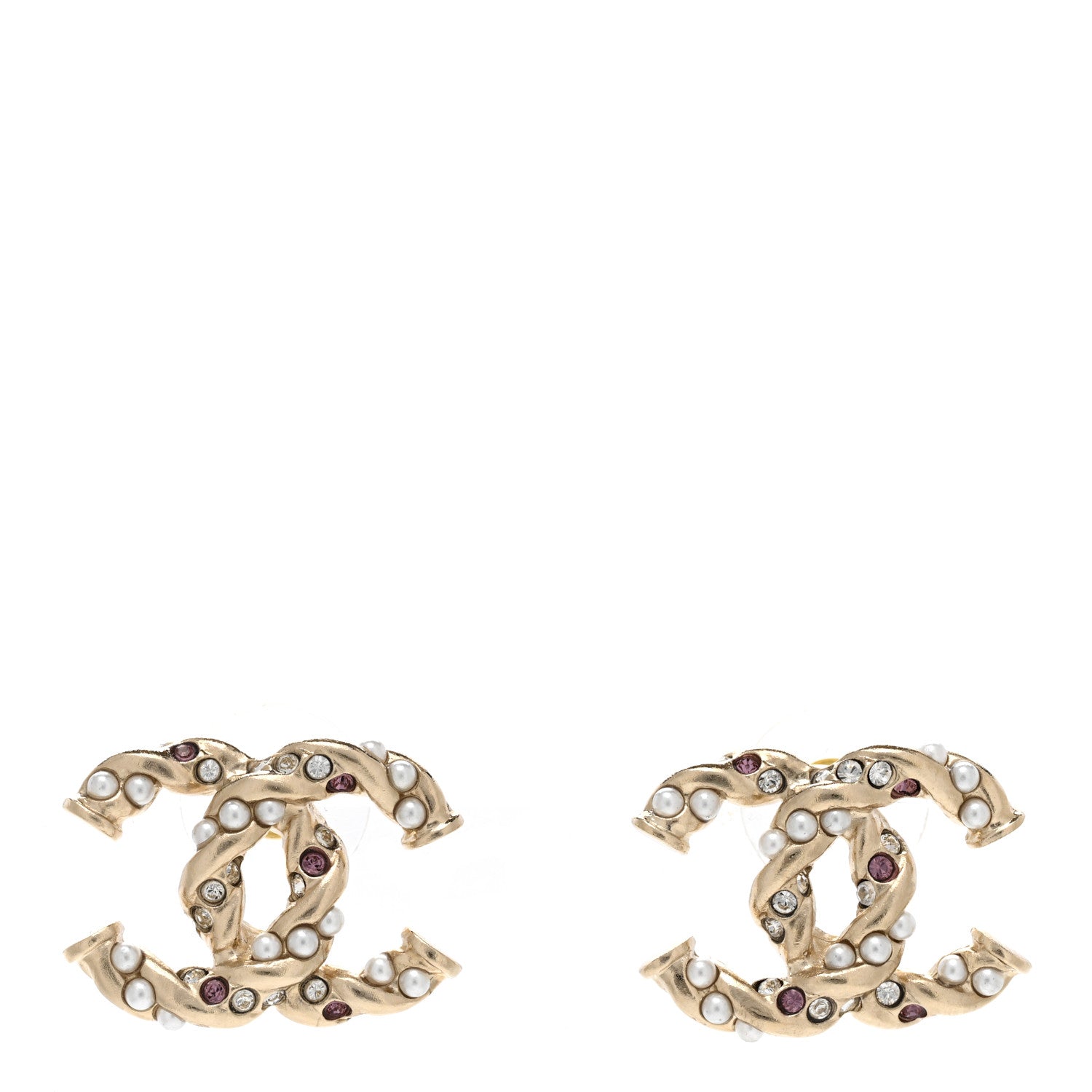 Chanel Metal Pearl Crystal Twisted CC Earrings Light Gold White Pink 1 of 4
