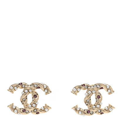 Chanel Metal Pearl Crystal Twisted CC Earrings Light Gold White Pink 1 of 4