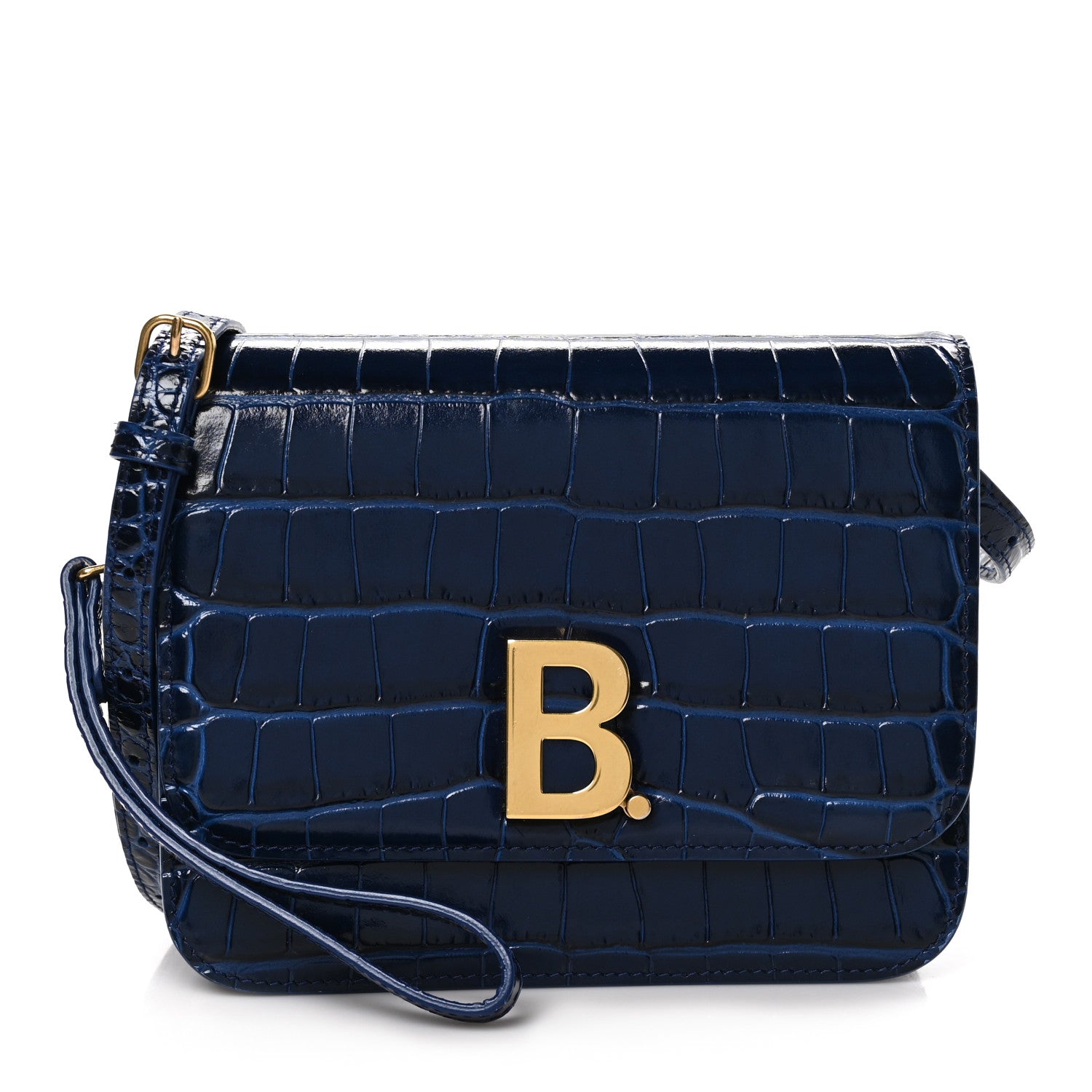 Balenciaga Shiny Calfskin Crocodile Embossed Small B Crossbody Bag Navy 1 of 12