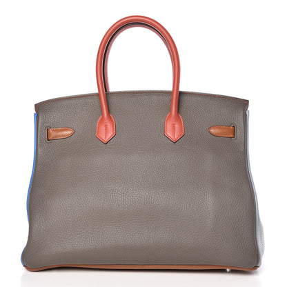 Hermes Taurillon Clemence Arlequin Birkin 35 Orange Sanguine Gold Bleu Lin Bleu Hydra Etain 4 of 35