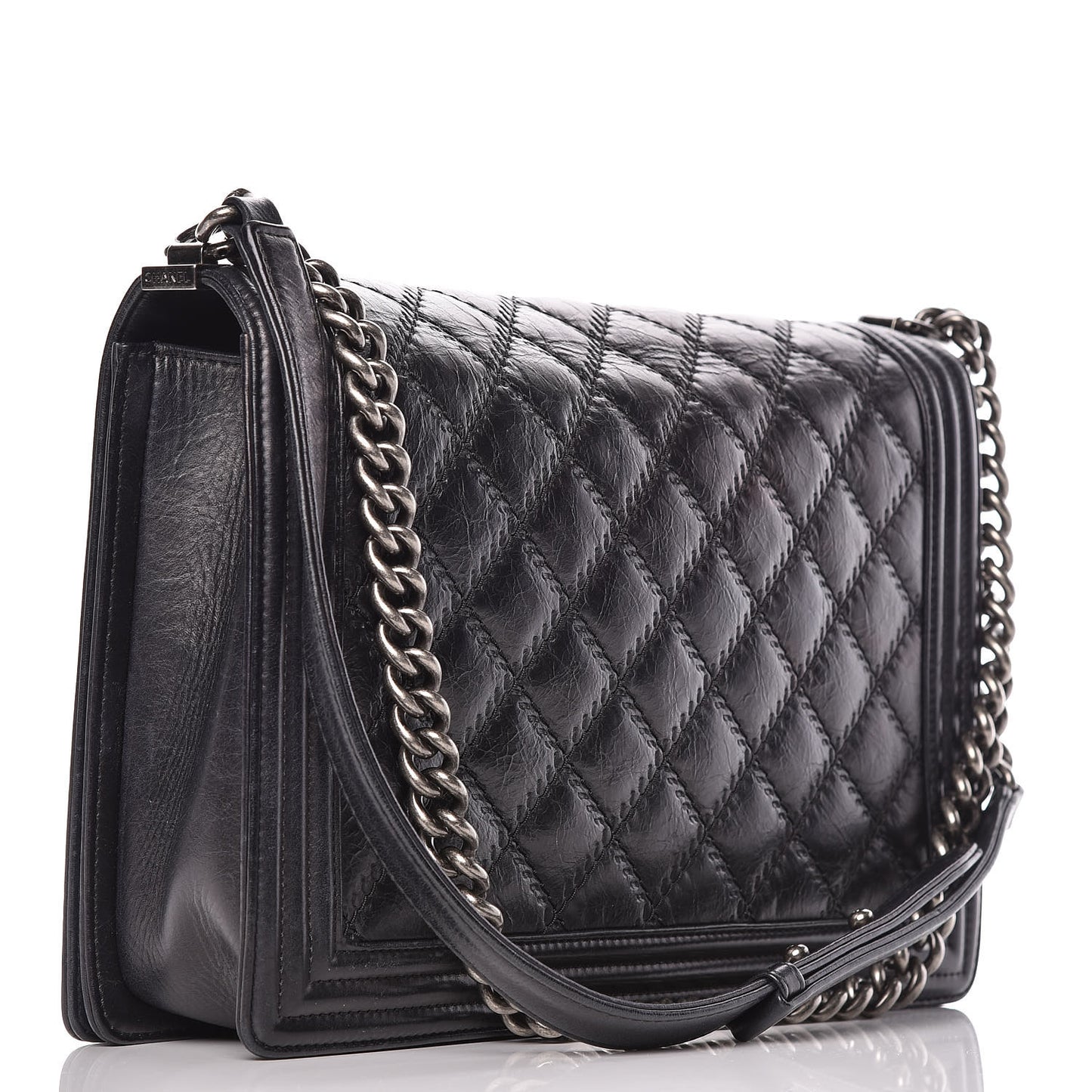 Calfskin Embossed Stitch Large Boy Flap Black