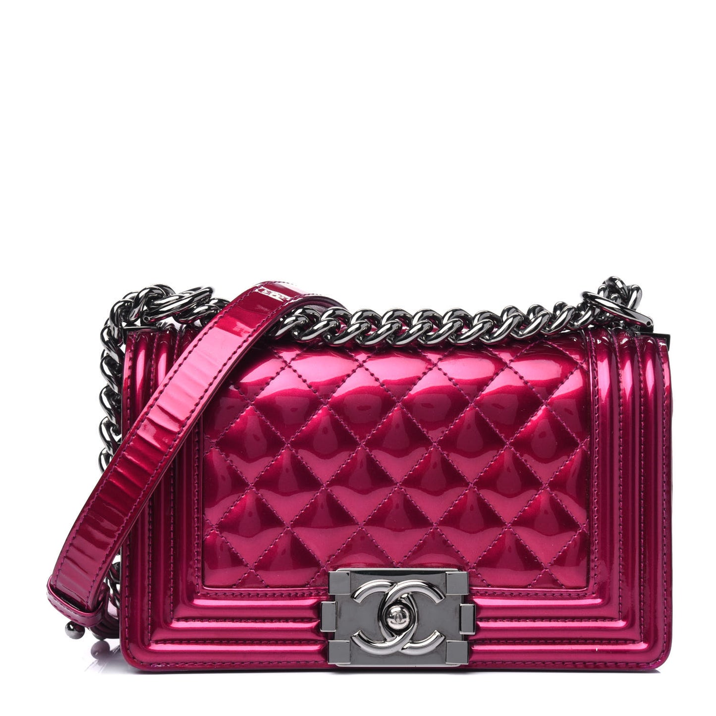 Metallic Patent Calfskin Quilted Small Boy Flap Pink
