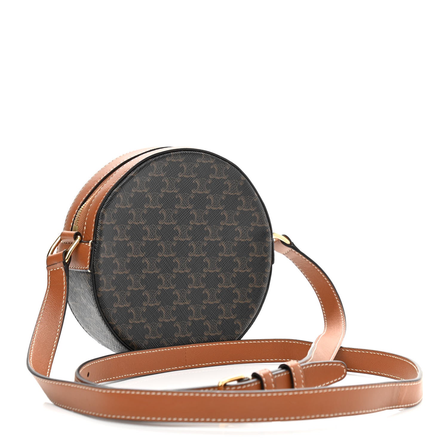 Celine Lambskin Triomphe Canvas Round Purse On Strap Black Tan 3 of 9