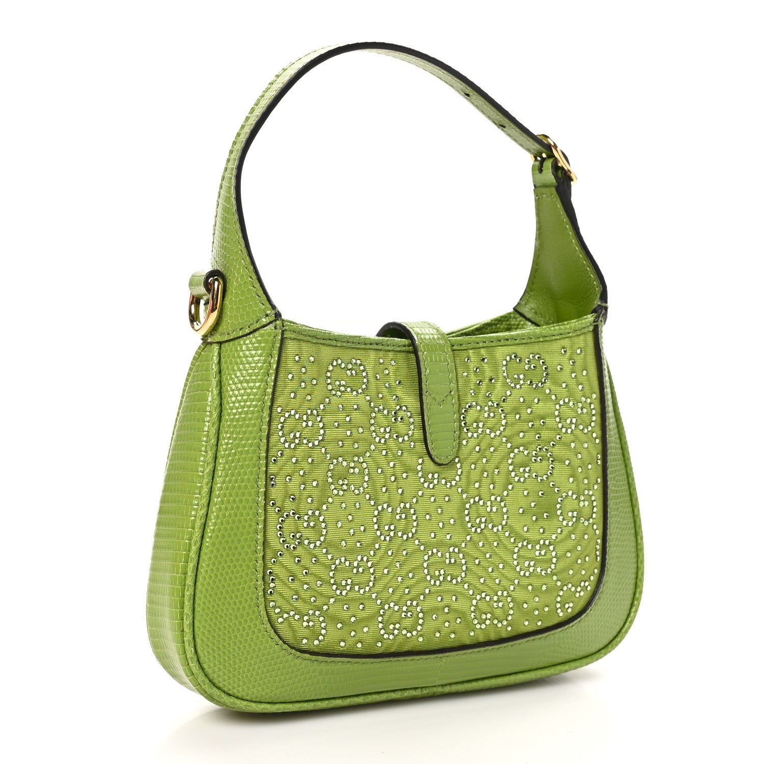Gucci Canvas Lizard Crystal GG Monogram Mini Jackie 1961 Green 3 of 12