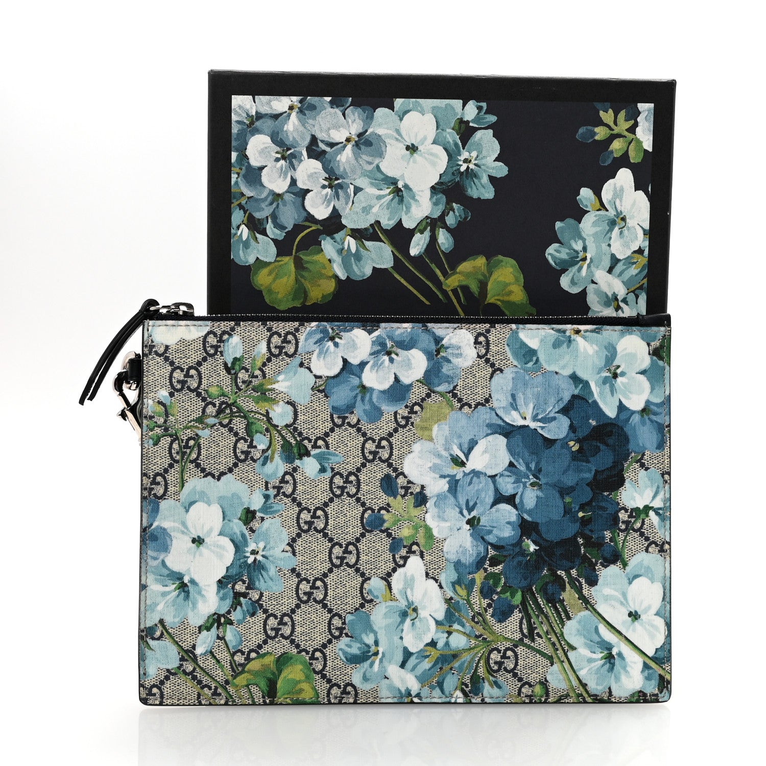 Gucci GG Supreme Monogram Blooms Small Zip Wristlet Pouch Beige Blue Black 7 of 7
