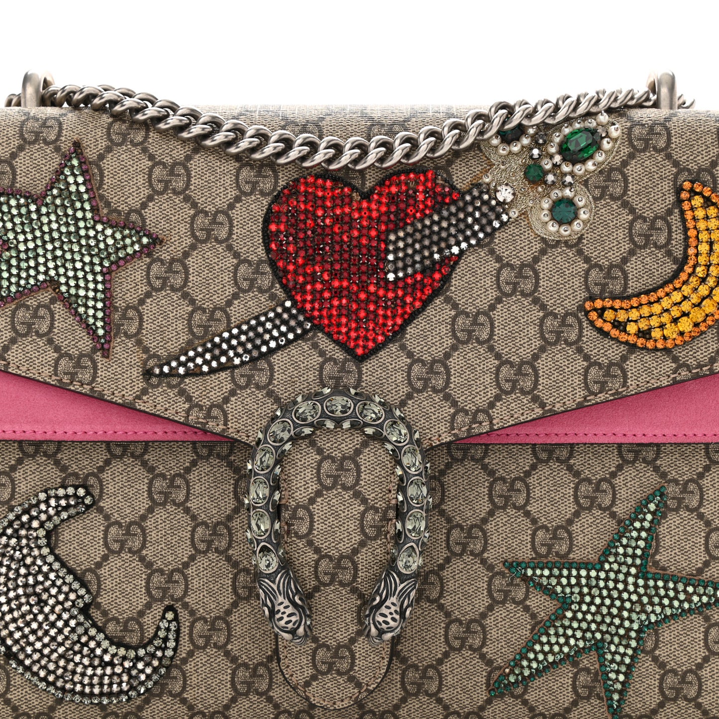 GG Supreme Monogram Suede Pierced Heart Embroidered Medium Dionysus Shoulder Bag Beige Ebony Pink Tropical Flower