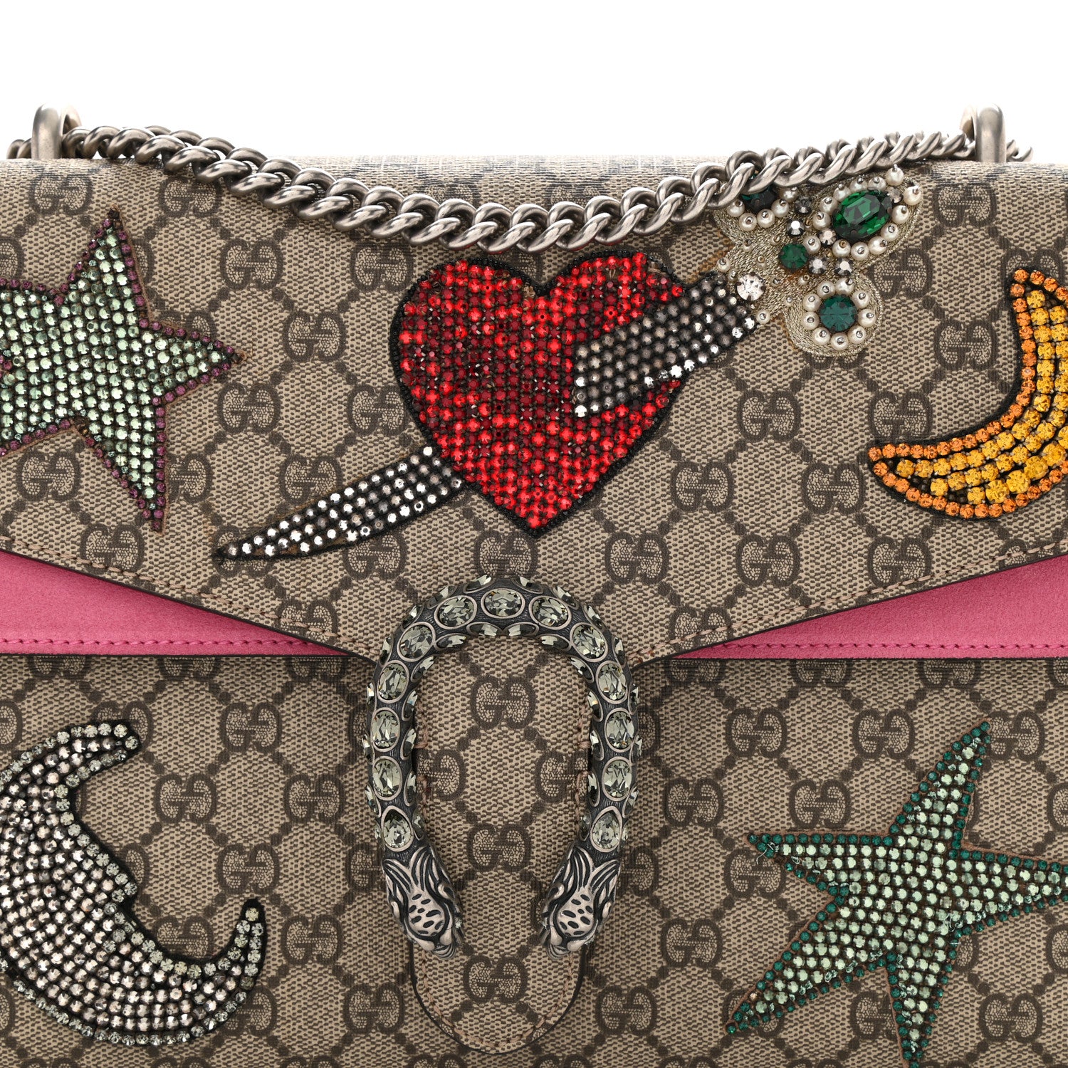 Gucci GG Supreme Monogram Suede Pierced Heart Embroidered Medium Dionysus Shoulder Bag Beige Ebony Pink Tropical Flower 8 of 18