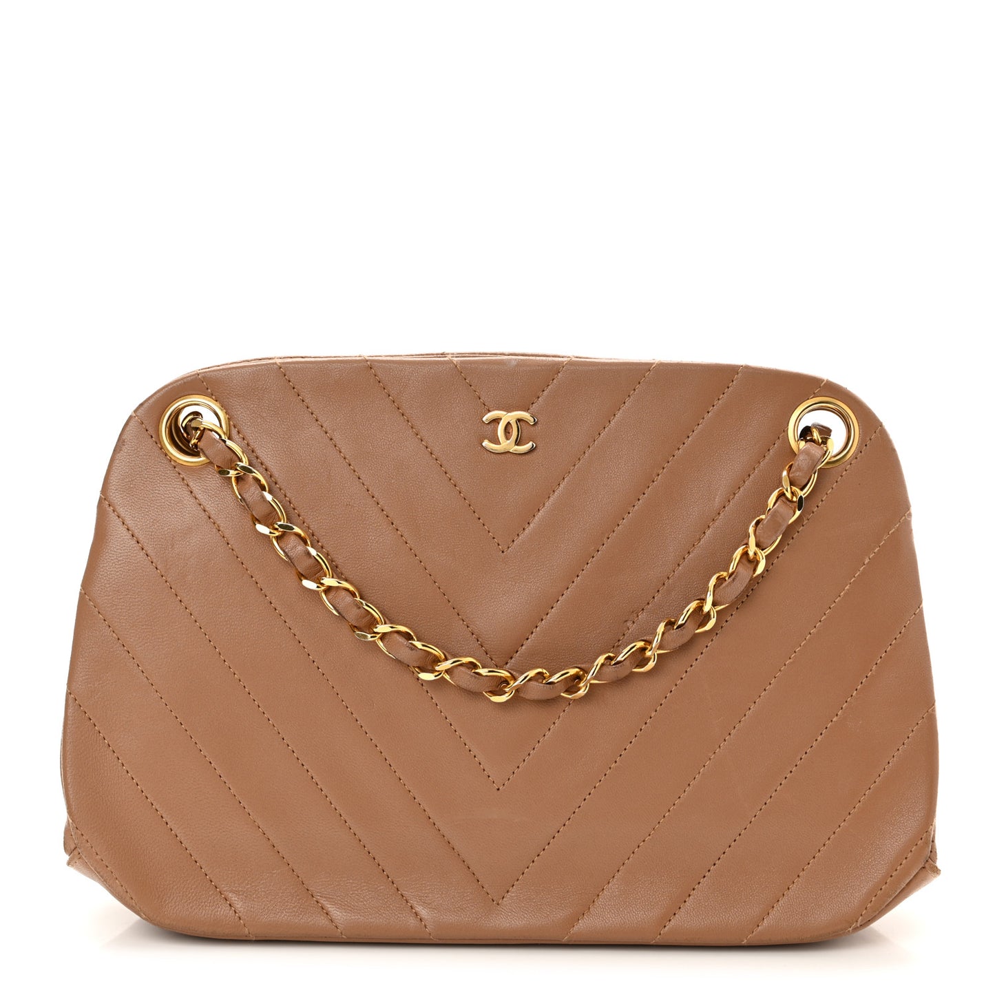 Lambskin Chevron Quilted Kiss Lock Shoulder Bag Beige