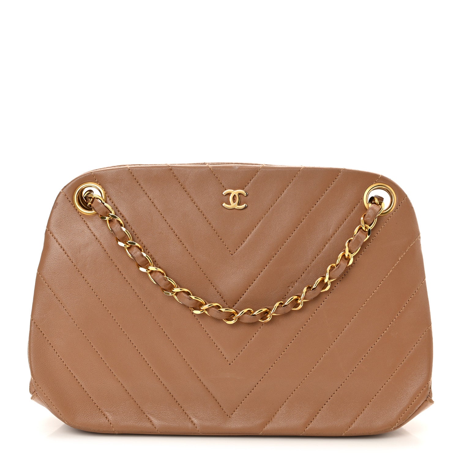 Chanel Lambskin Chevron Quilted Kiss Lock Shoulder Bag Beige 1 of 12