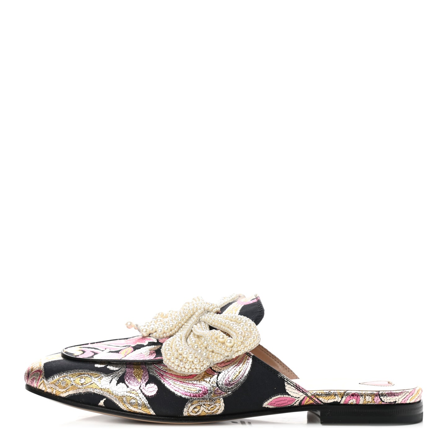 Iridescent Brocade Pearl Bow Womens Princetown Slippers 39 Black Pink