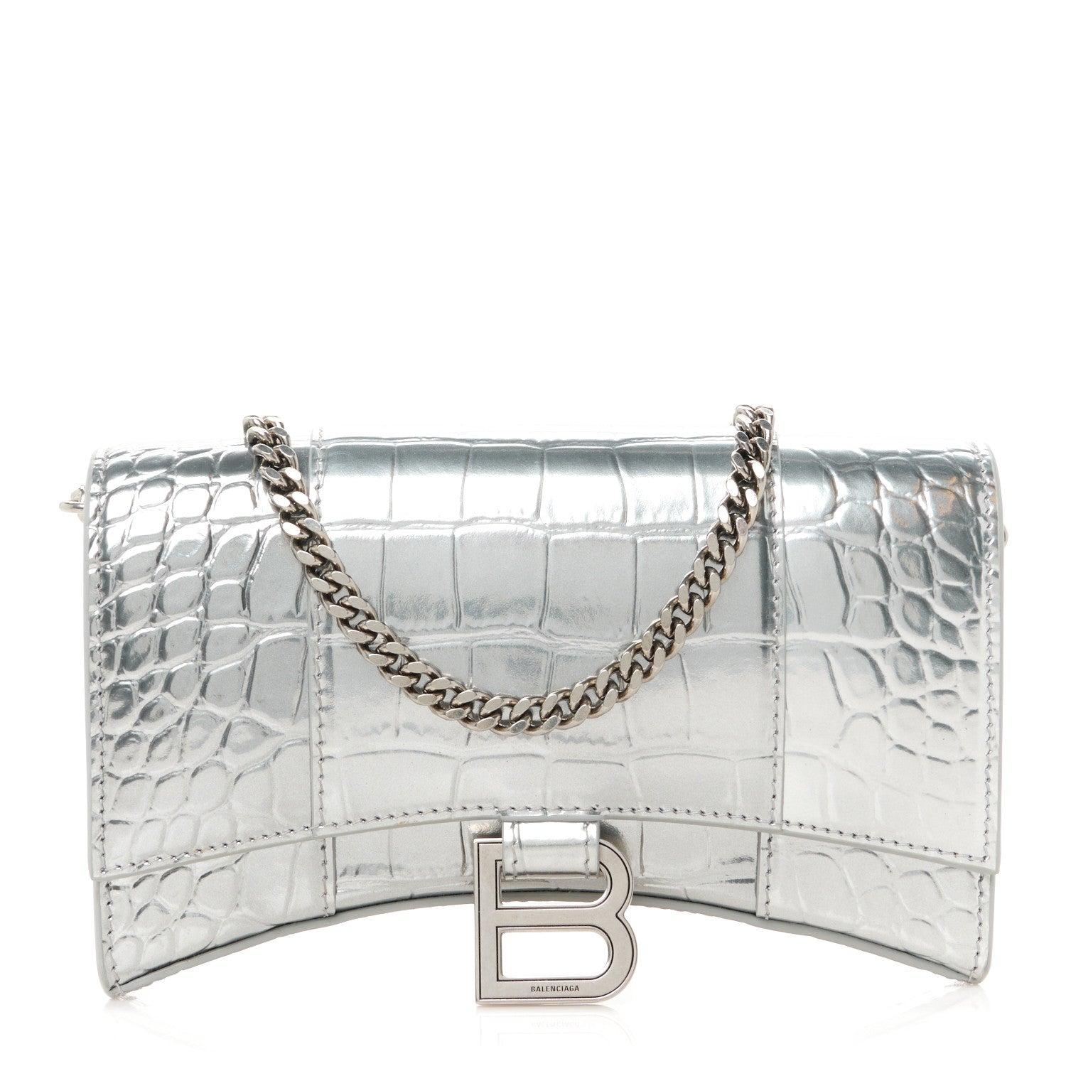 Balenciaga Metallic Calfskin Crocodile Embossed Hourglass Chain Bag  Silver 1 of 11
