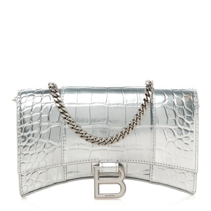 Balenciaga Metallic Calfskin Crocodile Embossed Hourglass Chain Bag  Silver 1 of 11
