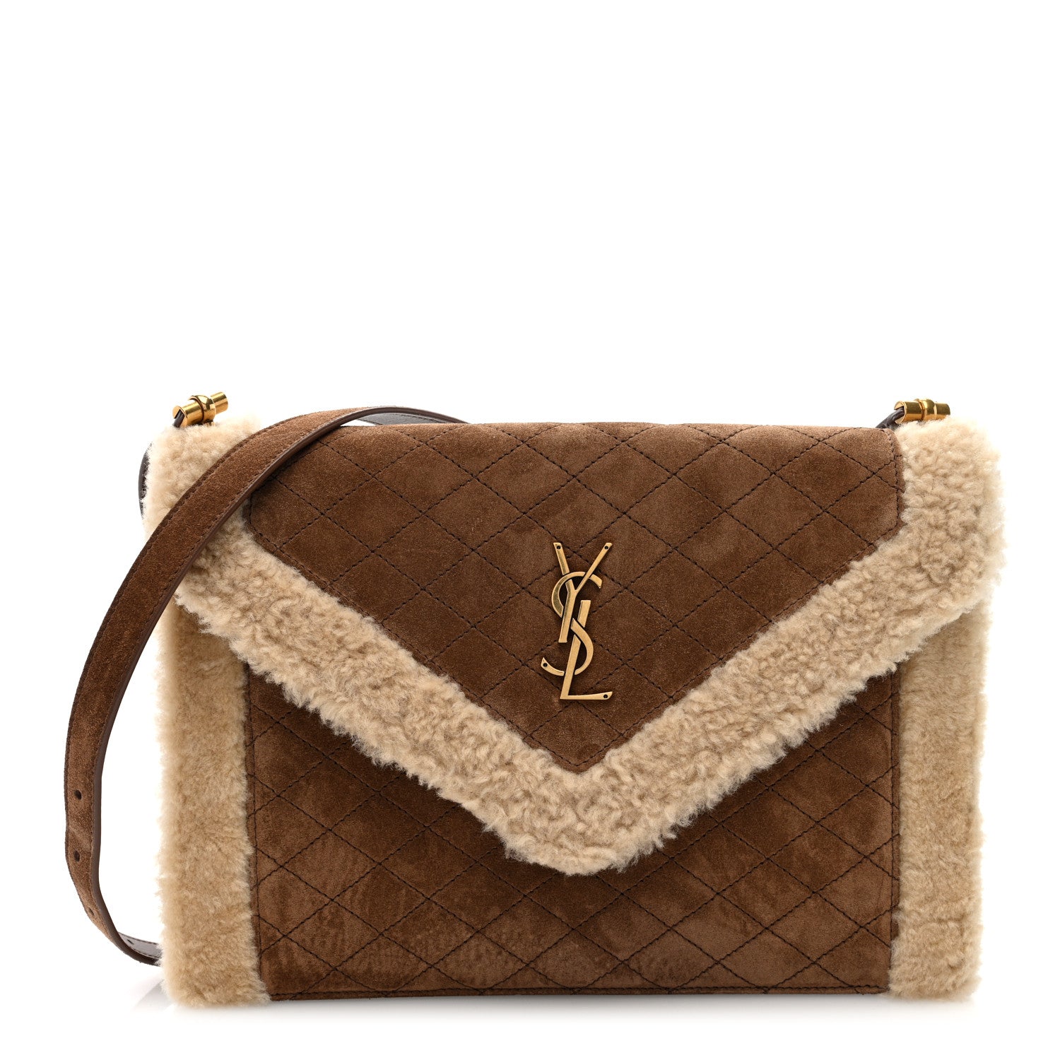 Saint Laurent Nubuck Shearling Quilted Medium Gaby Satchel Natural Tan 1 of 10