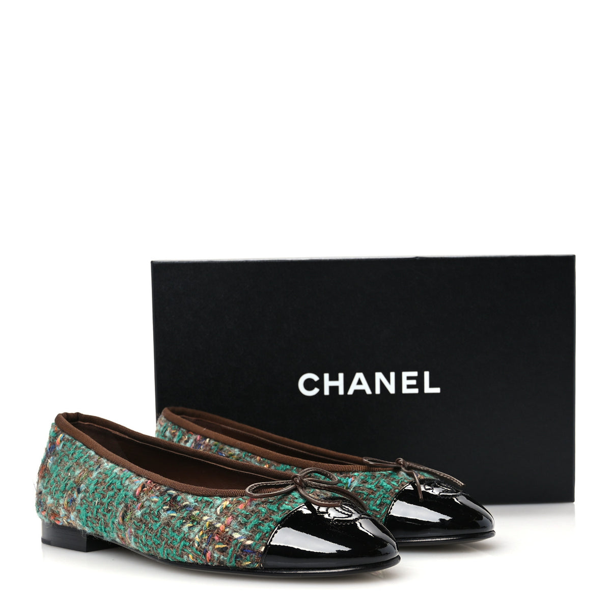 Chanel Wool Silk Tweed Patent Cap Toe Ballerina Flats 37 Dark Green Brown Blue Black 10 of 10
