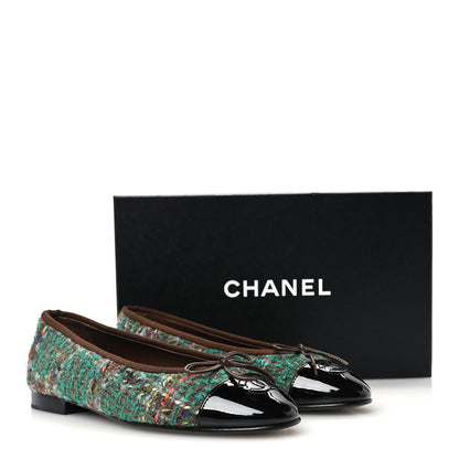 Chanel Wool Silk Tweed Patent Cap Toe Ballerina Flats 37 Dark Green Brown Blue Black 10 of 10