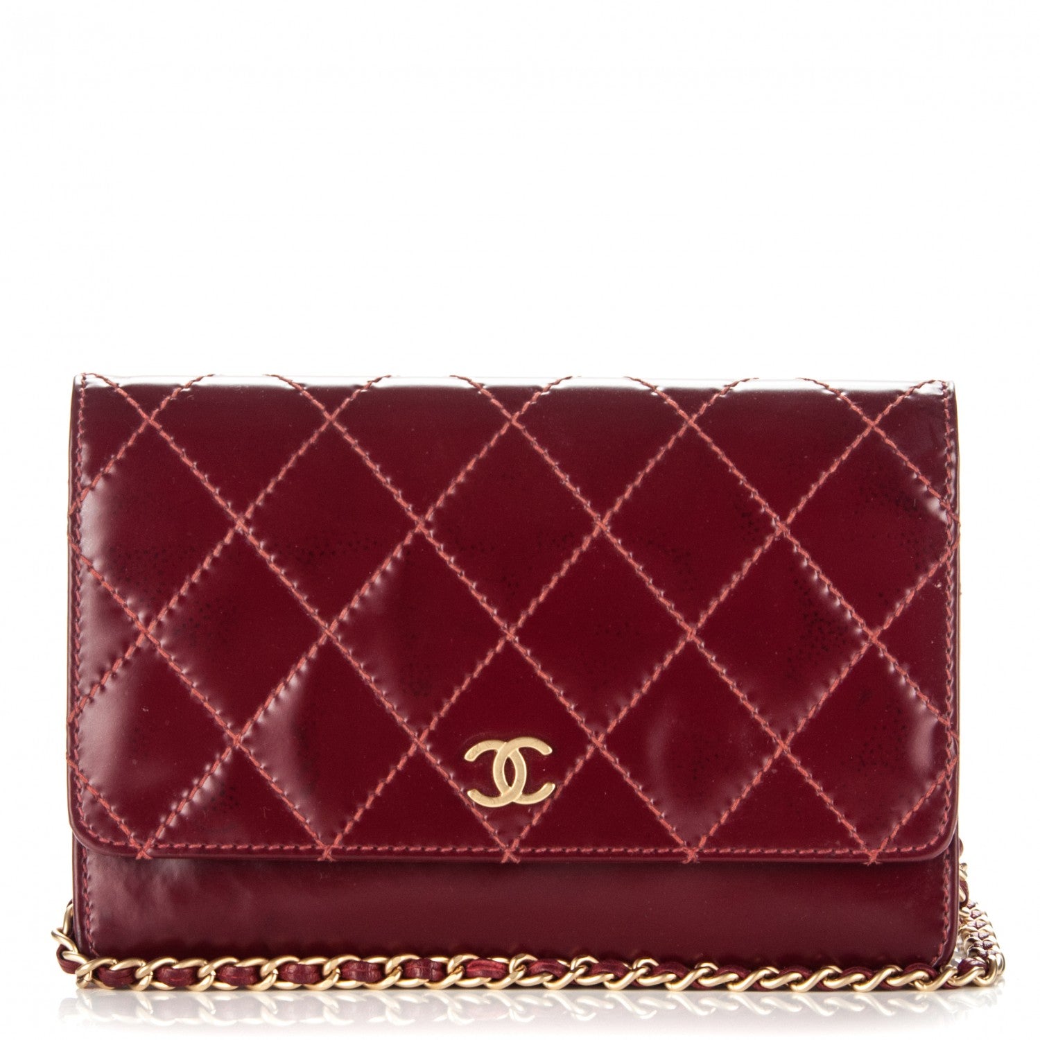 Chanel Glazed Calfskin Quilted Wallet On Chain WOC Dark Red 1 of 13