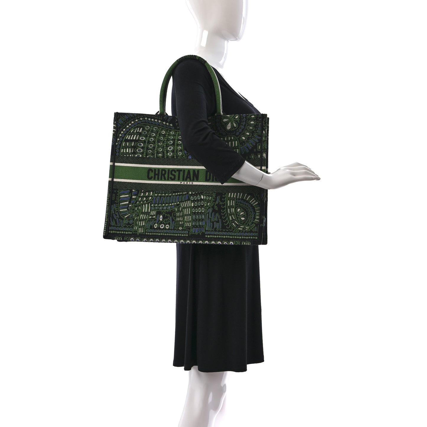 Canvas Embroidered Dior Animals Elephant Book Tote Green