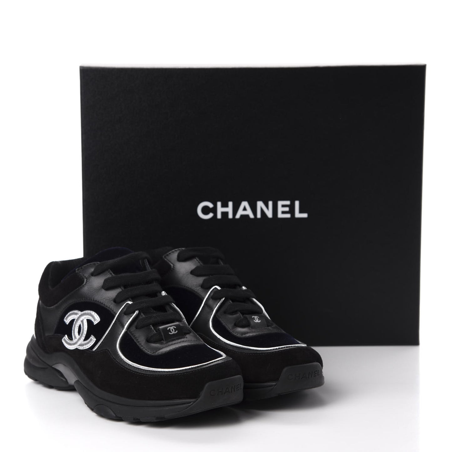 Suede Velvet Lambskin CC Sneakers 35 Black Blue Silver