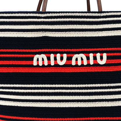 Miu Miu Fabric Crochet Striped Tote Bag Blue Red White 8 of 10