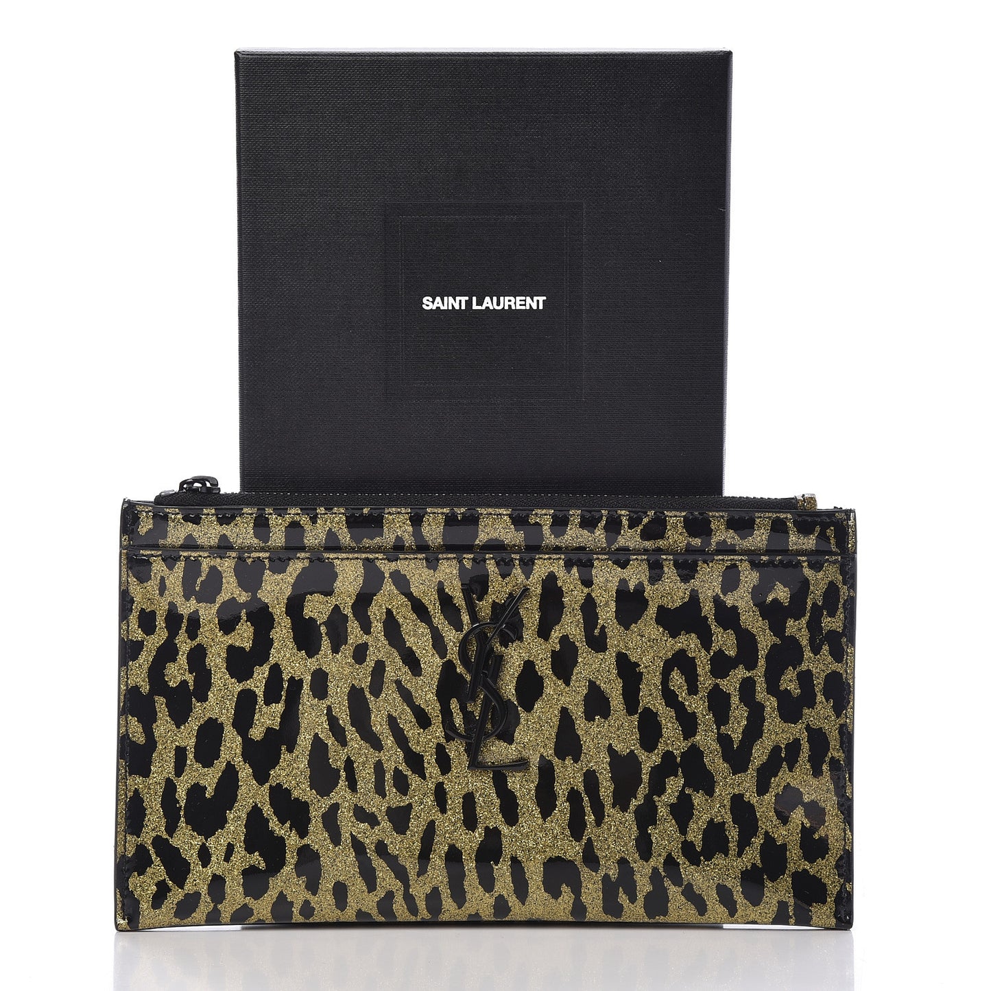 Patent Glitter Leopard Monogram Zip Pouch Gold Black