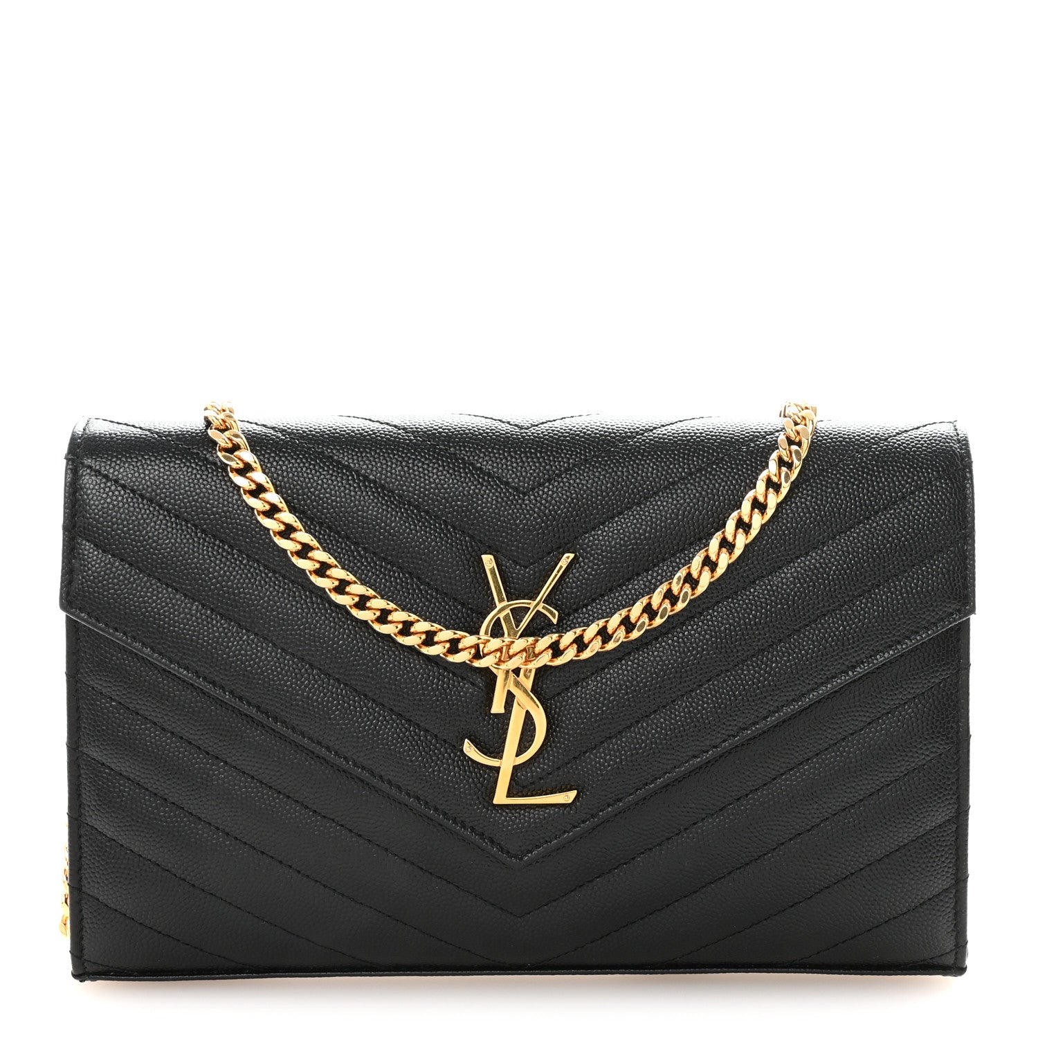 Saint Laurent Grain De Poudre Matelasse Chevron Monogram Chain Wallet Black 1 of 10