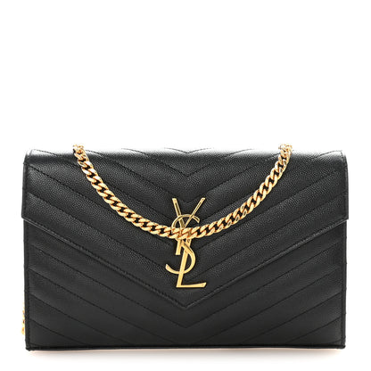 Saint Laurent Grain De Poudre Matelasse Chevron Monogram Chain Wallet Black 1 of 10