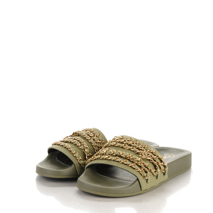 Chanel Lambskin Canvas Chain Flat Sandals 37 Khaki 3 of 8