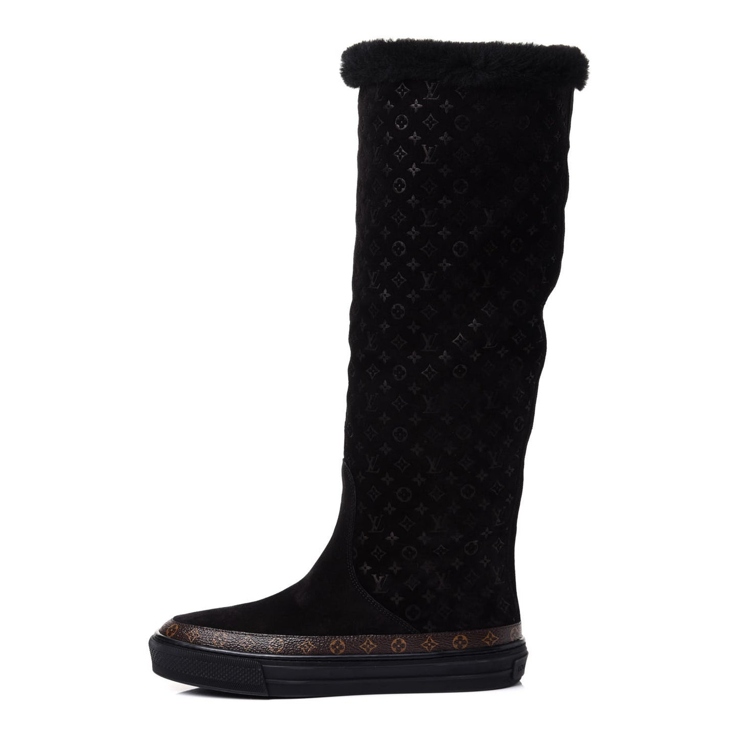 Suede Calfskin Monogram Embossed Snowball Flat Half Boots 35.5 Black