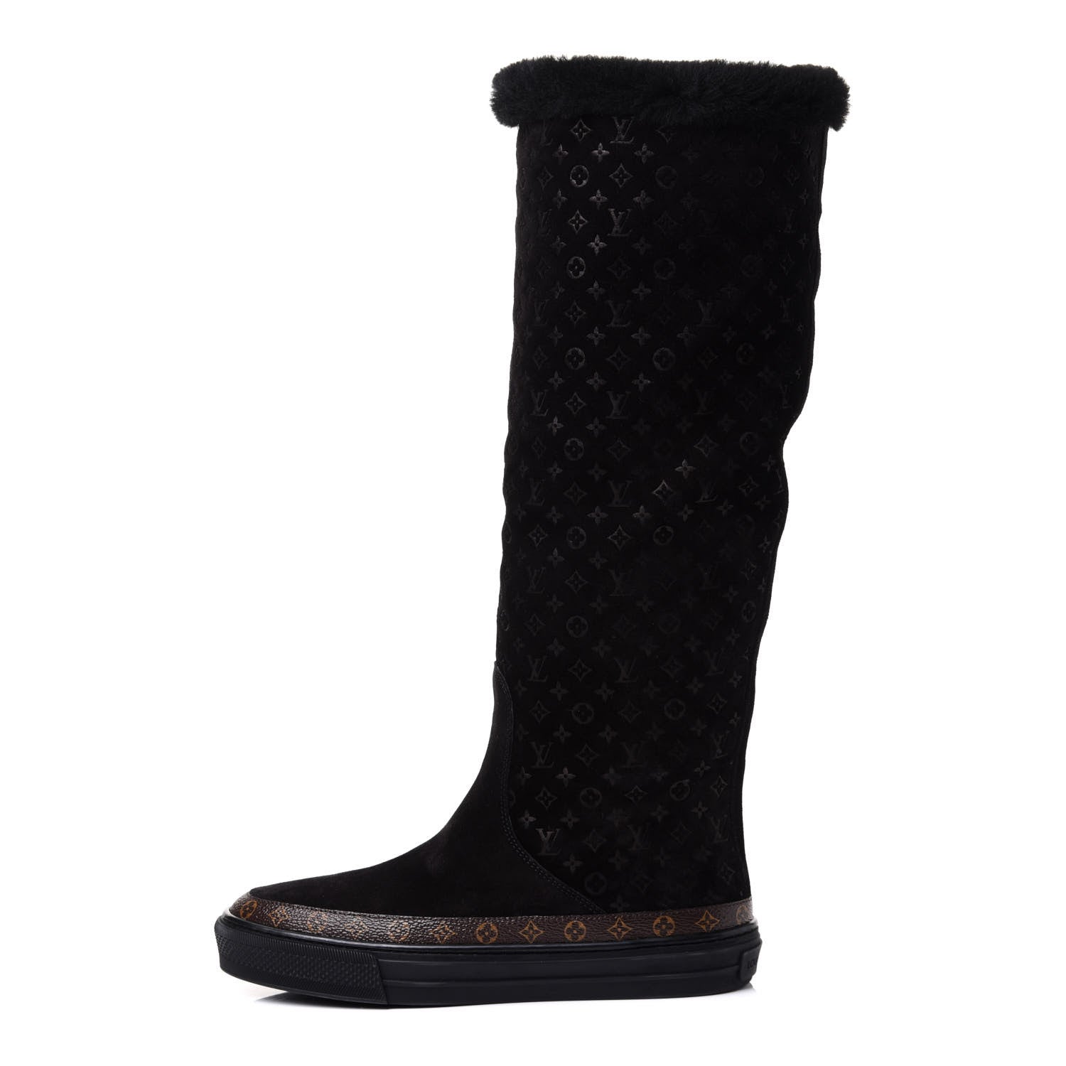 Louis Vuitton Suede Calfskin Monogram Embossed Snowball Flat Half Boots 35.5 Black 1 of 8